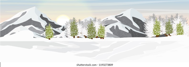 Mountains and spruce forest in the snow. Vector landscape of the Arctic, Antarctica, Greenland, Alaska or Canada. Northern landscapes.