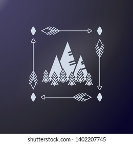 Mountains and spruce trees in square frame of arrows. Outdoor sticker. Club Emblem for shirts, posters, prints Travel template for cutting plotter. Mount and tree fir for Travel badge, stamp.
