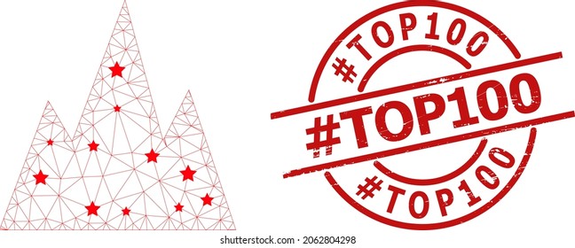 Mountains star mesh net and grunge Tag Top100 seal stamp. Red stamp with grunge surface and Tag Top100 phrase inside round shape. Tag Top100 stamp seal uses circle template, red color.