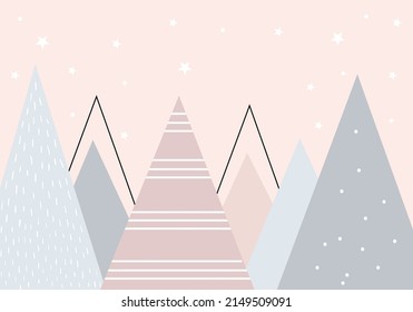 Mountains and stars in dusty pastel colors. For baby wallpapers, decor, web banners, posters. Vector illustration. Children's wallpaper. Hand drawn in scandinavian style. Mountain landscape.