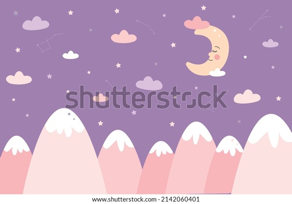 Mountains, stars and moon are drawn doodles in scandinavian style. Children's wallpaper. Mountainscape hand draw, children's room design, wall decor. Vector illustration
