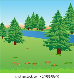 Mountains in the summer. Landscape with green meadow, trees, flowers, river and blue sky. Vector illustration 