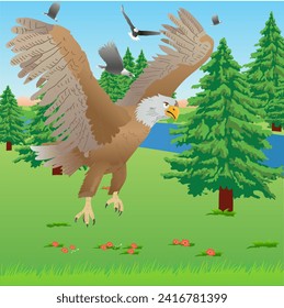 Mountains in the summer. Landscape with green meadow, trees, flowers, river. And the eagles flying in the blue sky. Vector illustration.