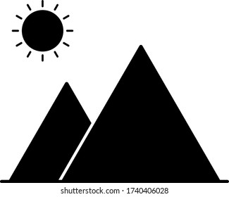 Mountains and sun black icon isolated pyramids symbol on white background