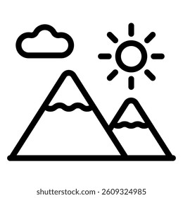 Mountains, sun and cloud line icon, travelling concept. Vector graphics. Moutain landscape sign on white background, style mobile or design