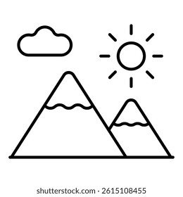 Mountains, sun and cloud thin line icon, travelling concept. Vector graphics. Moutain landscape sign on white background, linear style mobile or design