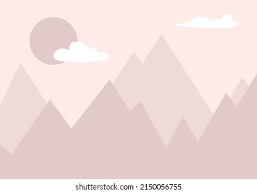 Mountains, sun and clouds. Abstract design. On the wall poster, wallpaper, background for websites. Vector hand drawn, scandinavian style. In pastel colors.