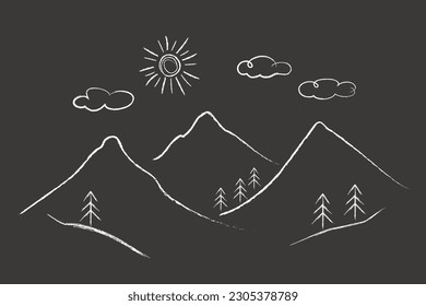 Mountains, sun, clouds, firs - doodles drawn by a child's hand with chalk on a black board. Mountain landscape illustration isolated on dark background