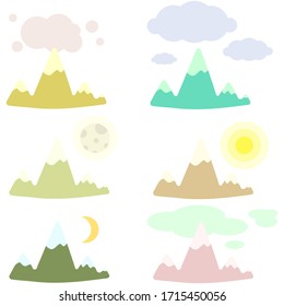 Сolorful mountains, sun, clouds, moon. Vector flat illustration.