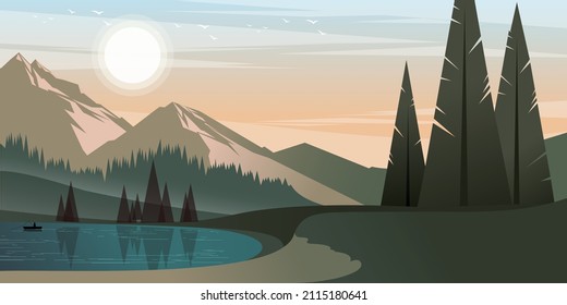 Mountains, sun and coniferous forest. Summer vacation on a highland lake. Background vector illustration for landing page mockup or flat design advertising banner.