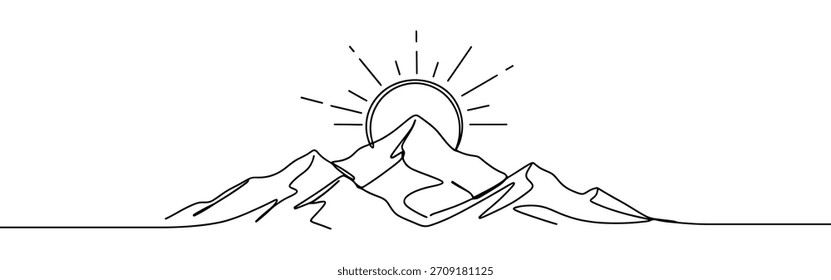 Mountains and sun continuous one line drawing. Hand drawn sunset panoramic view.