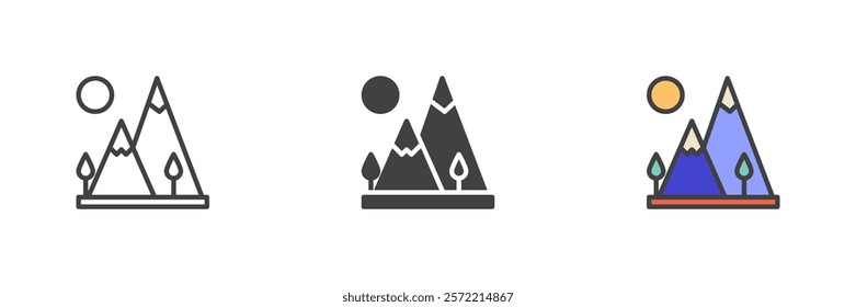 Mountains and sun different style icon set. Line, glyph and filled outline colorful version, outline and filled vector sign. Nature symbol, logo illustration. Vector graphics