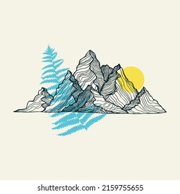 Mountains, sun and fern line art vector print. Vector illustration for textile prints, cards, design,logo.