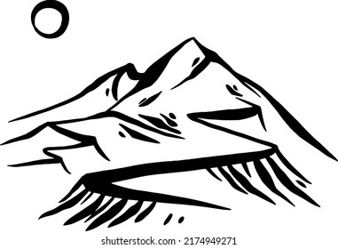 Mountains, sun, hand draw line vector illustration.