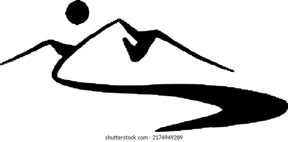 Mountains, sun, hand draw line vector illustration.