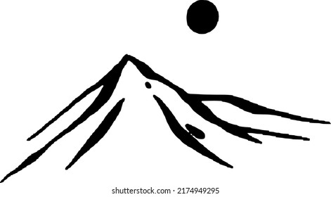 Mountains, sun, hand draw line vector illustration.