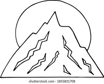 mountains and sun. icon, card, poster, sticker. sketch hand drawn doodle. vector monochrome minimalism. nature, landscape.