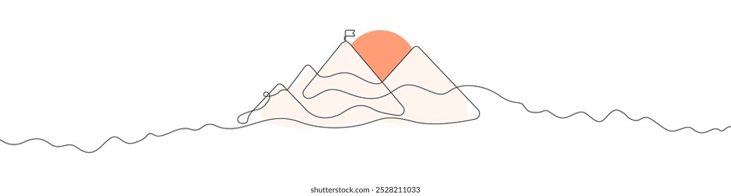 Mountains with sun icon line continuous drawing vector. One line Pyramids icon vector background. Mountains icon. Continuous outline of a Mountains icon.