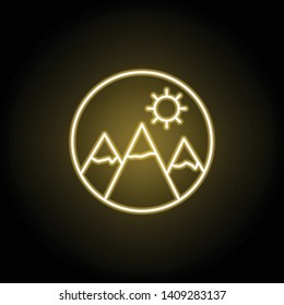 mountains and sun icon in neon style. Signs and symbols can be used for web, logo, mobile app, UI, UX