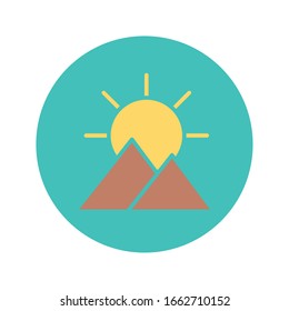 icono de montañas y sol sobre fondo blanco, estilo de bloque, ilustración vectorial