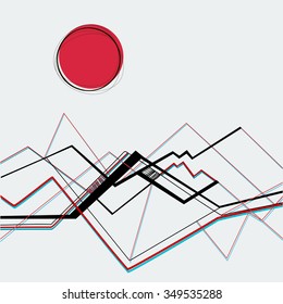 mountains, sun, japan  Stylized,Abstract background original  landscape, vector background,sharp lines.Illustration of a notepad,book.Vector Graphic composition of simple shapes isolated on background