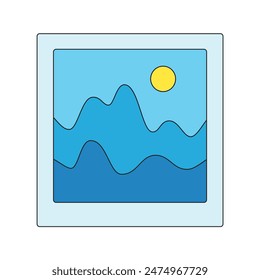 Mountains and sun landscape photo, instant camera photographic print vector illustration