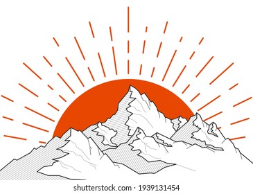 Mountains and sun landscape silhouette illustration