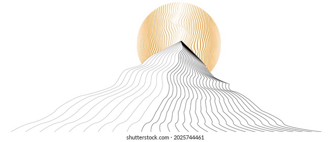 Mountains and sun logo design . Line art vector illustration .