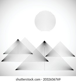 Mountains and sun , modern minimal style .Triangle Logo with lines.Square unusual icon Design .Black Vector stripes .Geometric shape.