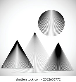 Mountains and sun , modern minimal style .Triangle Logo with lines.Square unusual icon Design .Black Vector stripes .Geometric shape.