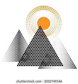 Mountains and sun , modern minimal style .Triangle Logo with halftone dots .Unusual icon Design .Vector geometric shape.