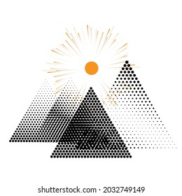 Mountains and sun , modern minimal style .Triangle Logo with halftone dots .Unusual icon Design .Vector geometric shape.