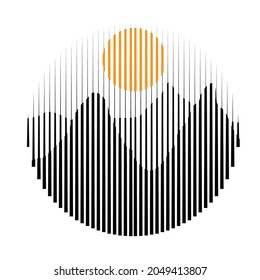 Mountains and sun , modern minimal style .Transition Logo with lines.Square unusual icon Design .Black Vector stripes .Geometric shape.