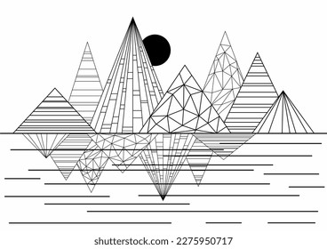 Mountains and sun , modern minimal style .Triangle Logo with lines. Vector stripes .Geometric shape.