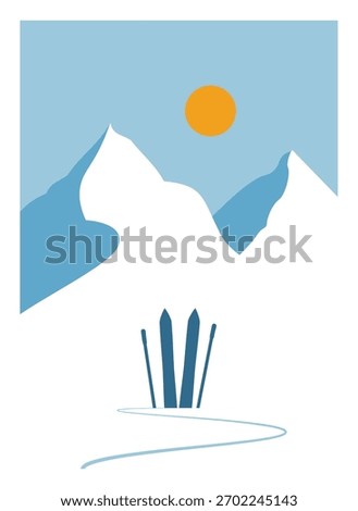 Mountains with a sun overhead and ski tracks in a clean, geometric style. Peaks rise under a bright sun with skis and a winding path below. Cartoon vector illustration.