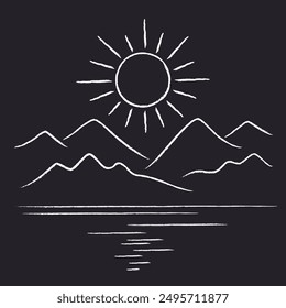 Mountains, sun, sea. Drawing drawn by a child with chalk on the asphalt, school blackboard. White lines on a dark background. Mountain landscape. Minimalistic illustration of travel logo, vacation