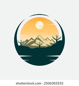 Mountains with sun in the sky. The mountains are covered with trees and the sun is setting