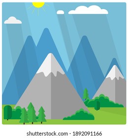Montañas soleadas y arbustos arbóreos