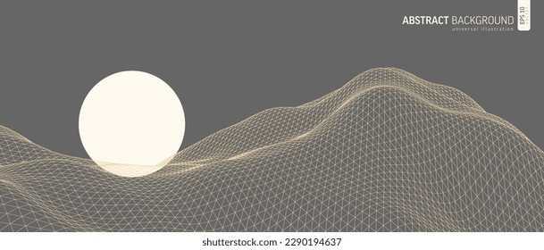 Mountains, sun, valleys and hills vector landscape. Abstract wireframe grid background. 3D grid technology illustration. Digital cyberspace, terrain. Perspective sea wave lines. Geometric pattern