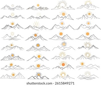 Mountains and Sun Vector Illustration on White Background