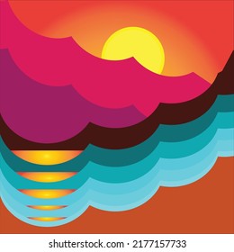 Mountains, sun and waves. Abstract design for cover, wallpaper, packaging, presentations.