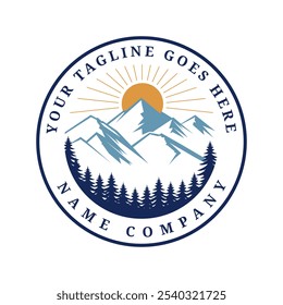 Montanhas e Nascer do Sol Vetor Logo Design Círculo Clássico Design Ilustração ao ar livre