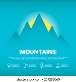 Mountains with sunset background. Great Journey Concept. Travel infographic. Vector illustration