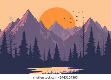 Mountains at sunset or dawn against the backdrop of a forest and lake. Beautiful mountain landscape with high peaks and rocks, forest, fir trees, pine trees, lake, orange sun and flying birds. 