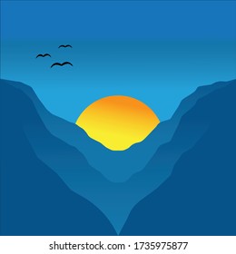 Mountains Sunset In The Evening, Landscape Vector Minimalist Style Background