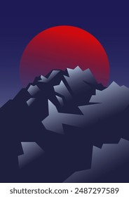 Mountains sunset landscape with white peaks illustration. 2d cartoon gradient with frozen alps