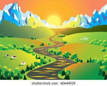 Mountains sunset landscape.Vector illustration.