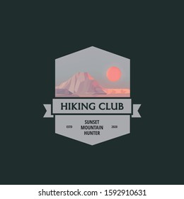 Mountains sunset low poly badge logo template. Vector illustration