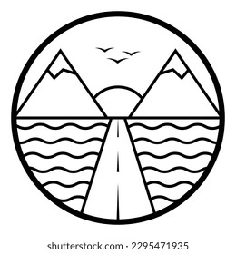 Mountains and sunset vector icon design. Adventure flat emblem icon.