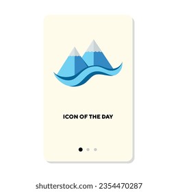 Mountains surrounded by waves or water flat icon. Vertical sign or vector illustration of traveling or swimming element. Vacation, surfing, summer resort, recreation for web design and apps